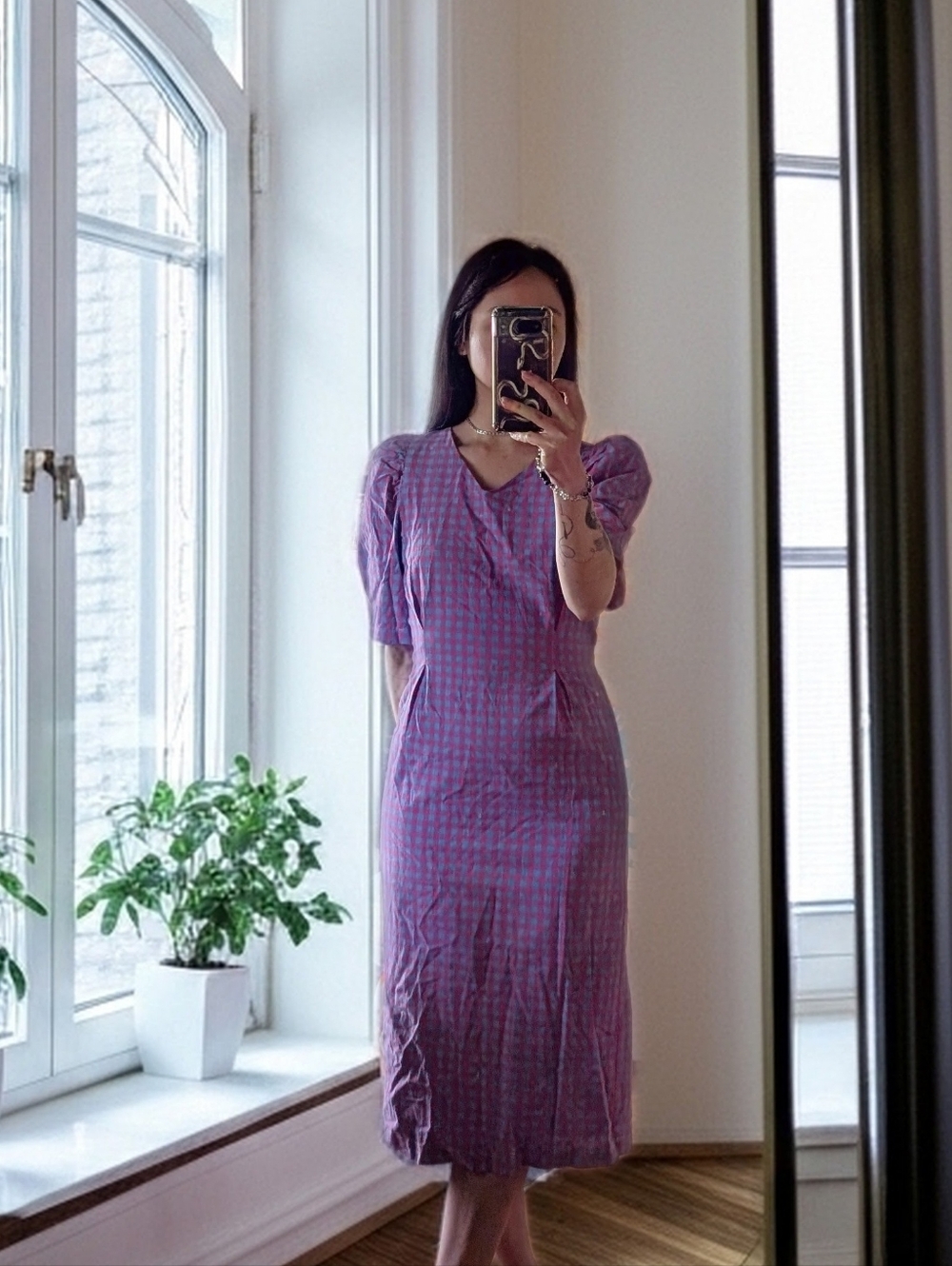 Korean Purple Puff-Sleeve Midi Dress